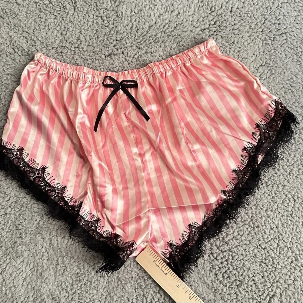 New Chic Noir Elegance Black Lace & Pink Silk Lingerie Pajama Shorts Set